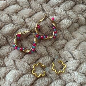 Claire's Gold Hoop Earrings with Pink and Blue Beads
